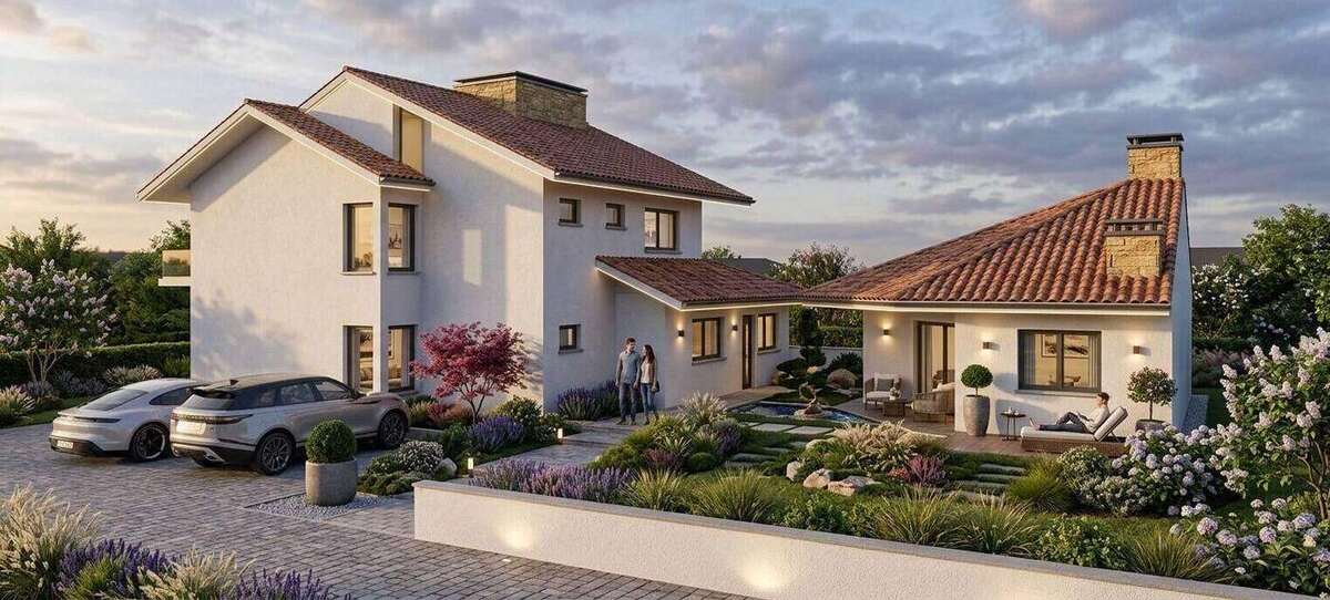 Casa FA, residência com volumes claros, cobertura inclinada e integração com o jardim