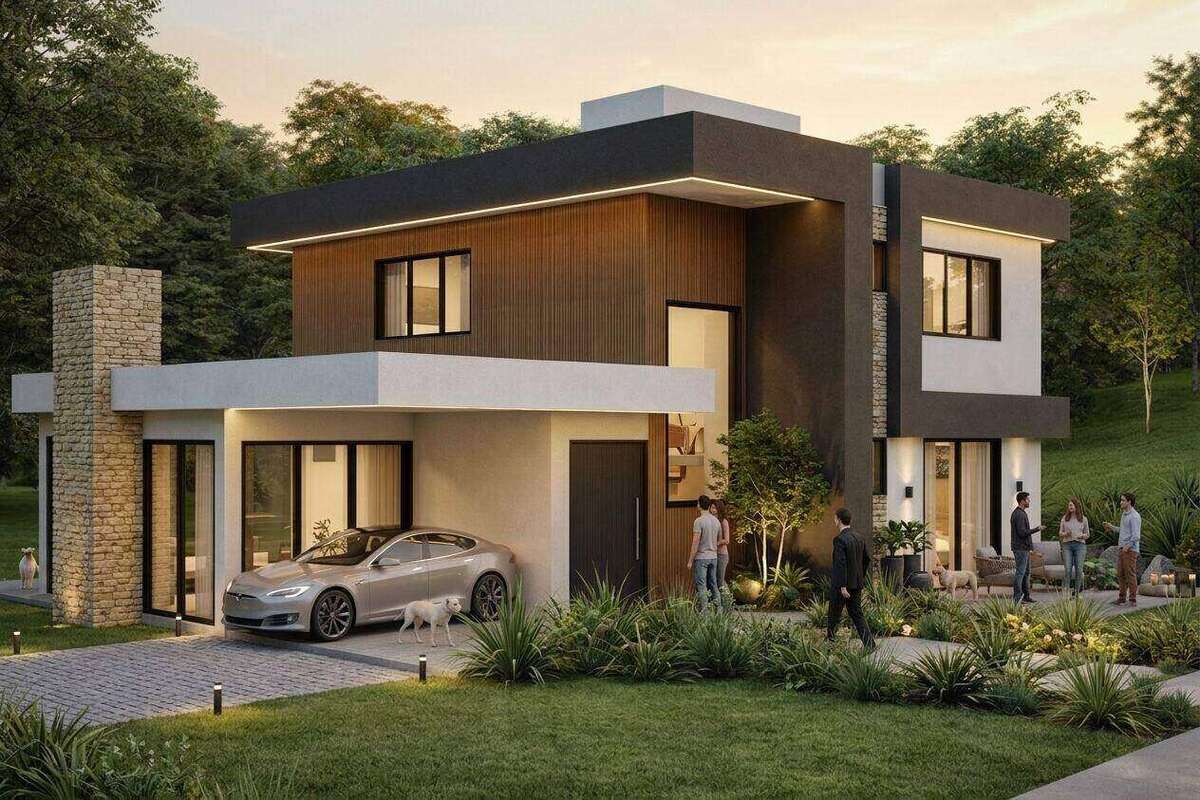 Casa LT, residência contemporânea com volumes escuros, madeira, pedra e paisagismo integrado